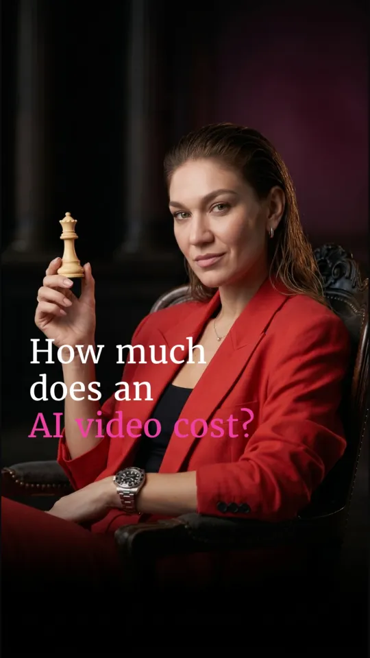 AI video ad frame: woman in a red suit holding a chess queen, caption How much does an AI video cost?