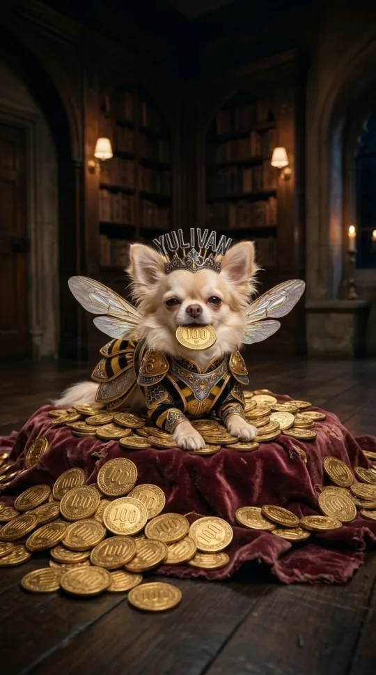 AI character: chihuahua in bee armour and a Yulivan crown on a pile of gold coins, vertical 9:16