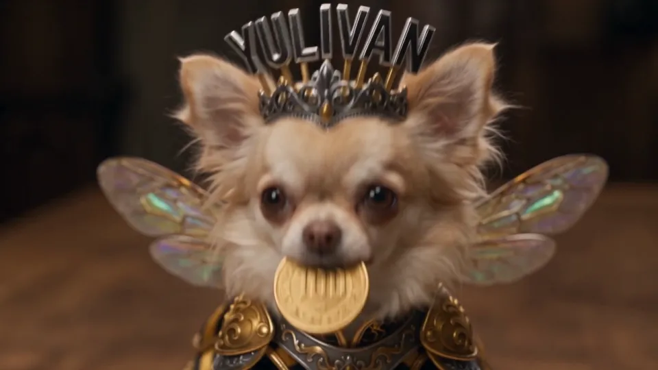 AI video ad by Hanna Honcharenko: chihuahua character in bee armour with a Yulivan AI crown